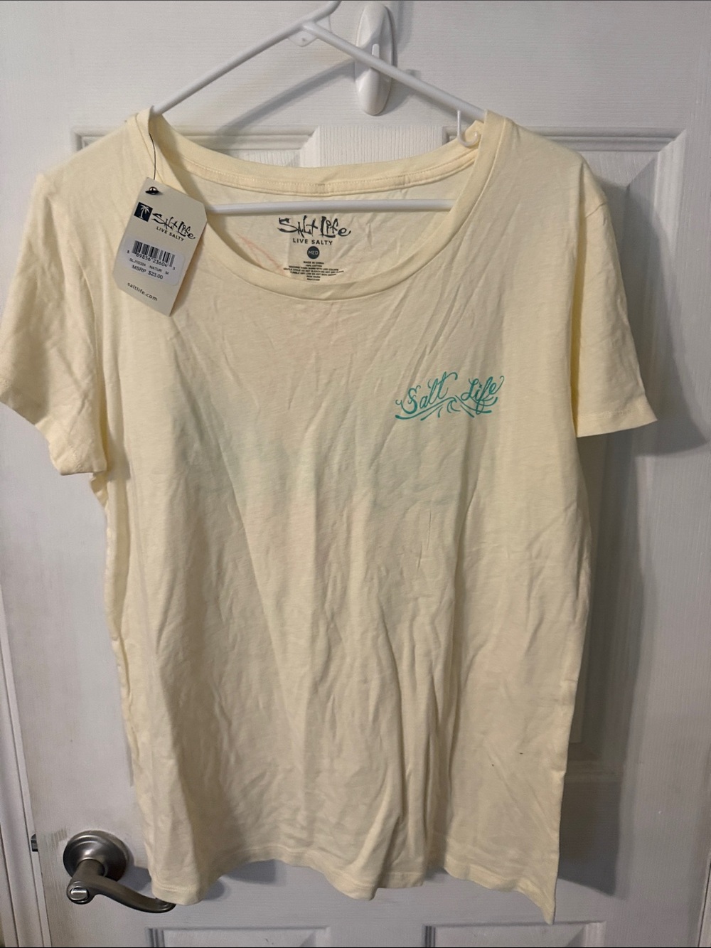 Salt Life Cream Tee with Teal Script Logo